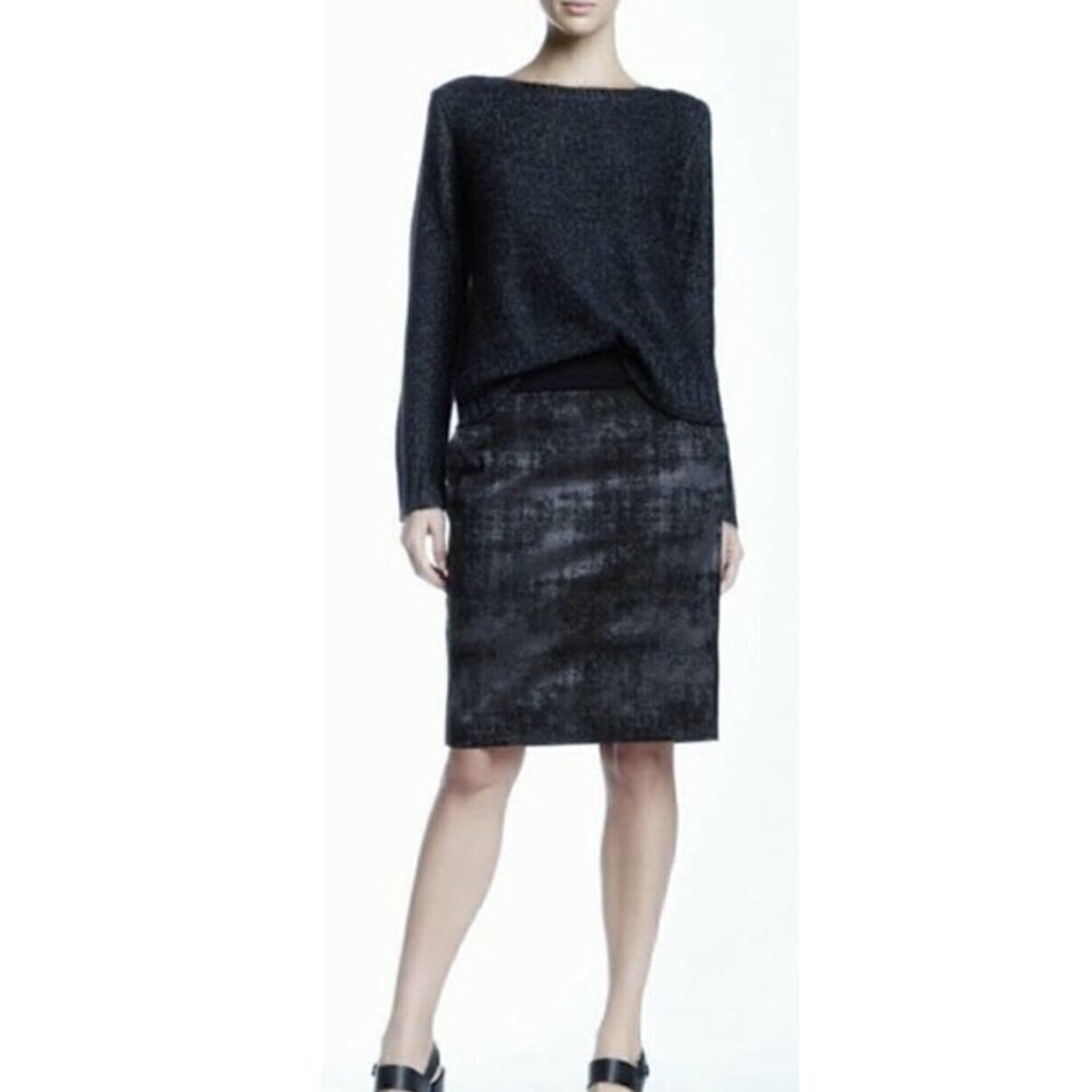 Eileen Fisher Large Pewter Pencil Skirt Black Silver Panel Pockets Zip Career